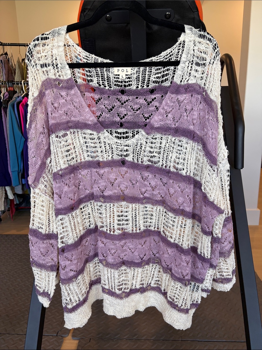 POL Lavender and White Open-Knit Striped V-Neck Sweater